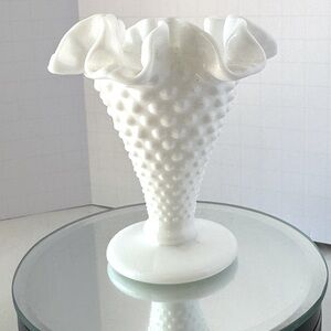 Fenton White Milk Glass Hobnail 4" Ruffled Trumpet Small Vase Vintage